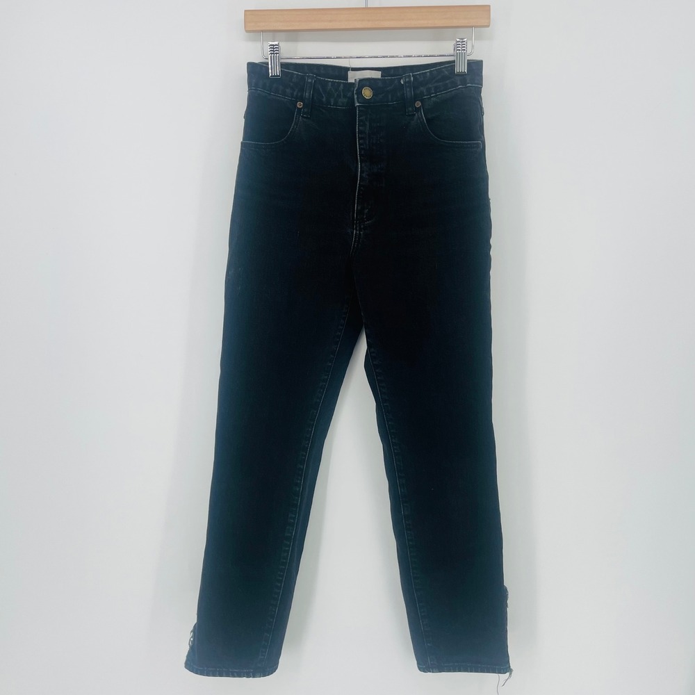 ROLLAS Dusters High Rise Slim Straight Leg Jeans Black Washed Size 27 Split Hem